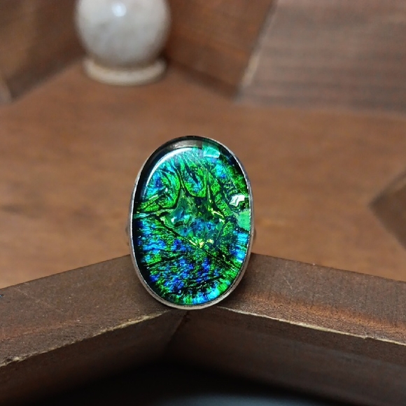 Hand Crafted Jewelry - Elegant Green and Blue Dichroic Glass Ring